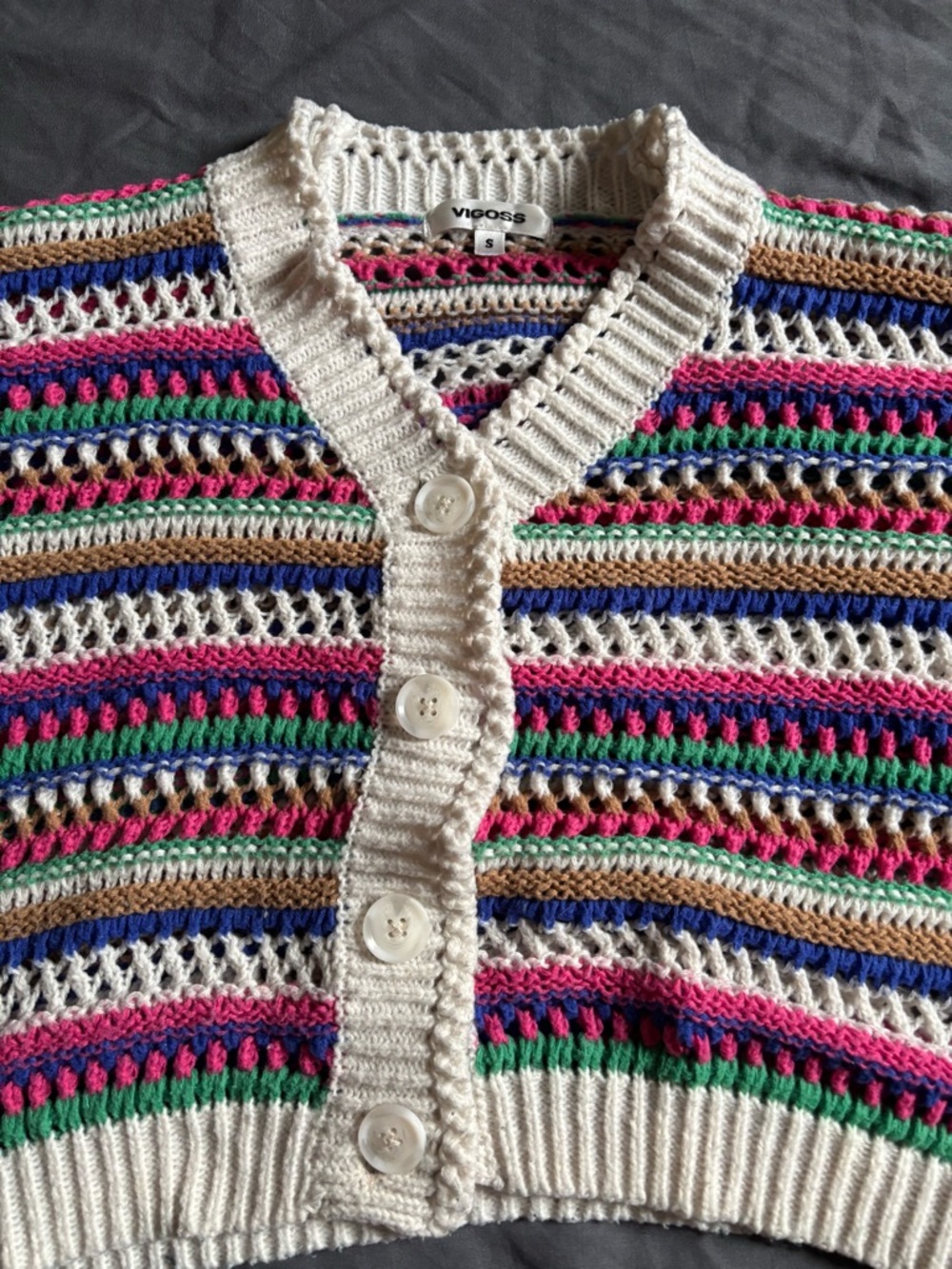 Vigoss Multicolor Striped Open-Knit V-Neck Cardigan - Picture 7 of 15